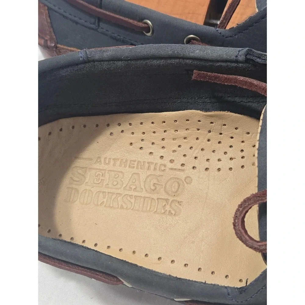 Sebago Docksides Mens Navy Blue Brown Leather Boat Shoes Nautical Loafers